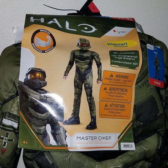 NEW Halo Master Chief Halloween Costume Boys Small 4-6 Green Mask Muscles - Picture 3 of 6